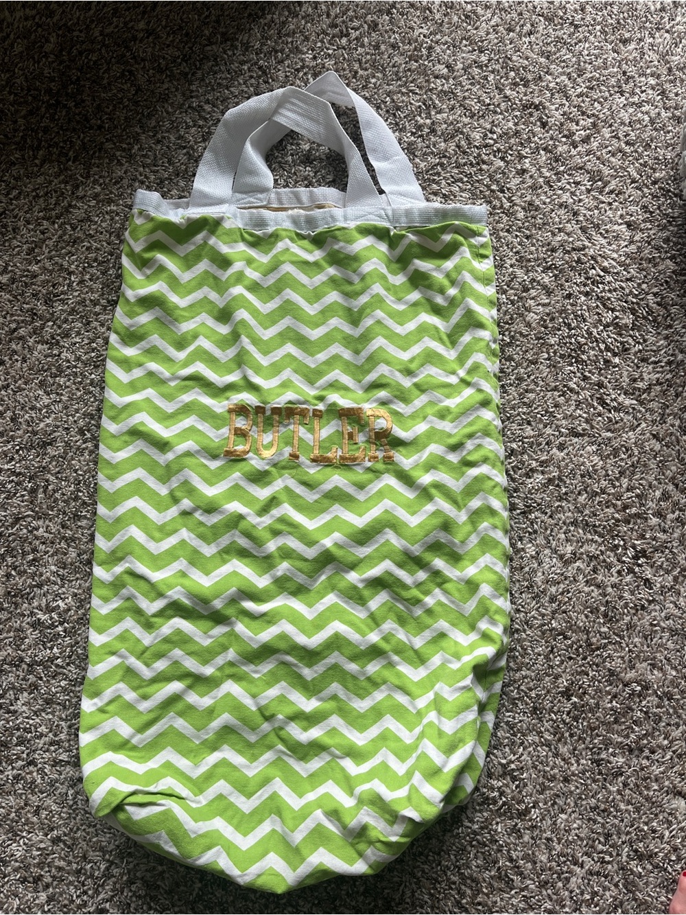 Reversible Green Chevron Tote with Gold 'BUTLER' Embroidery